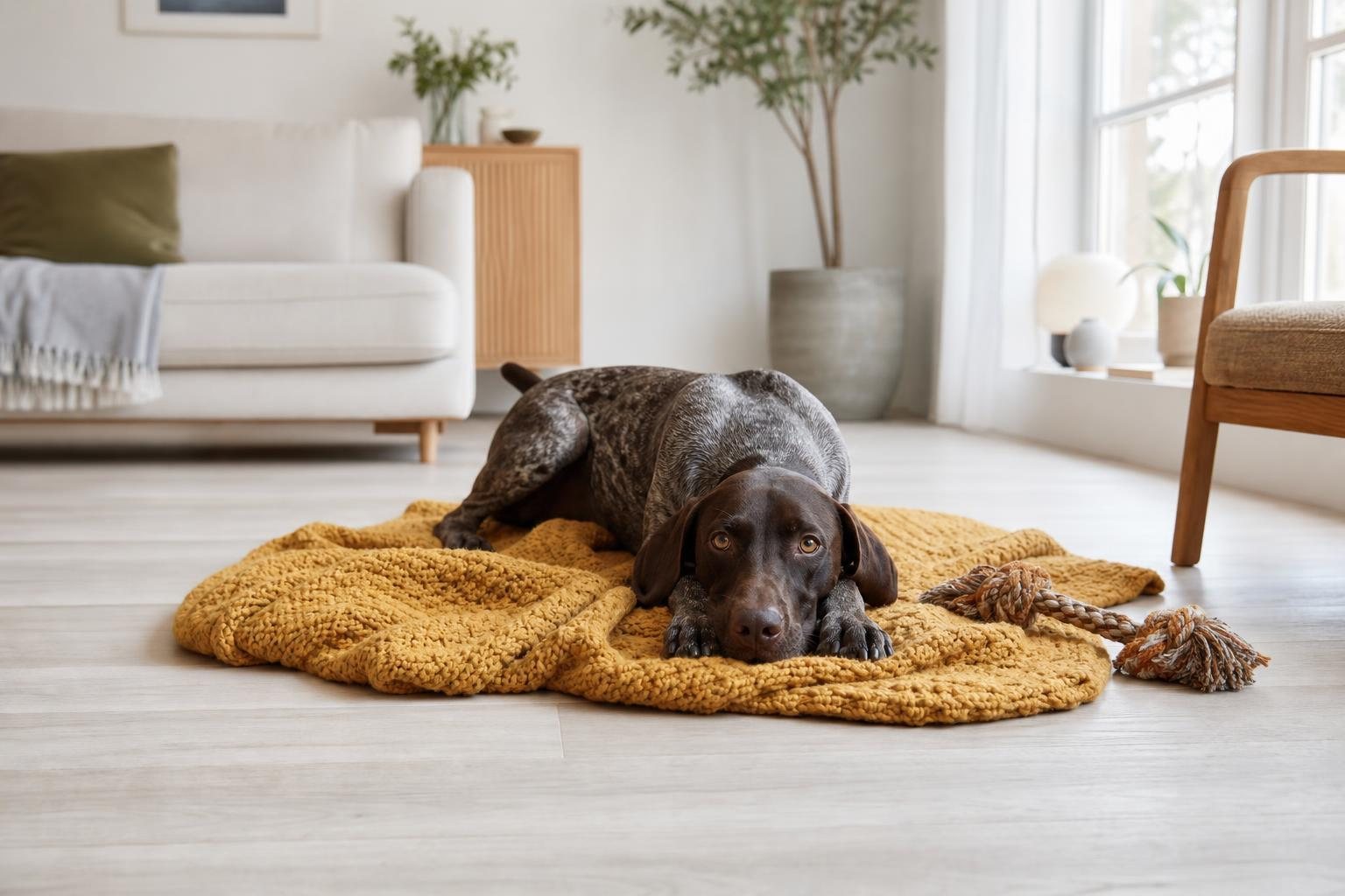 Deutsch Kurzhaar liegt entspannt auf einer gelben Strickdecke im hellen Wohnzimmer (mit AI erstelltes Bild)