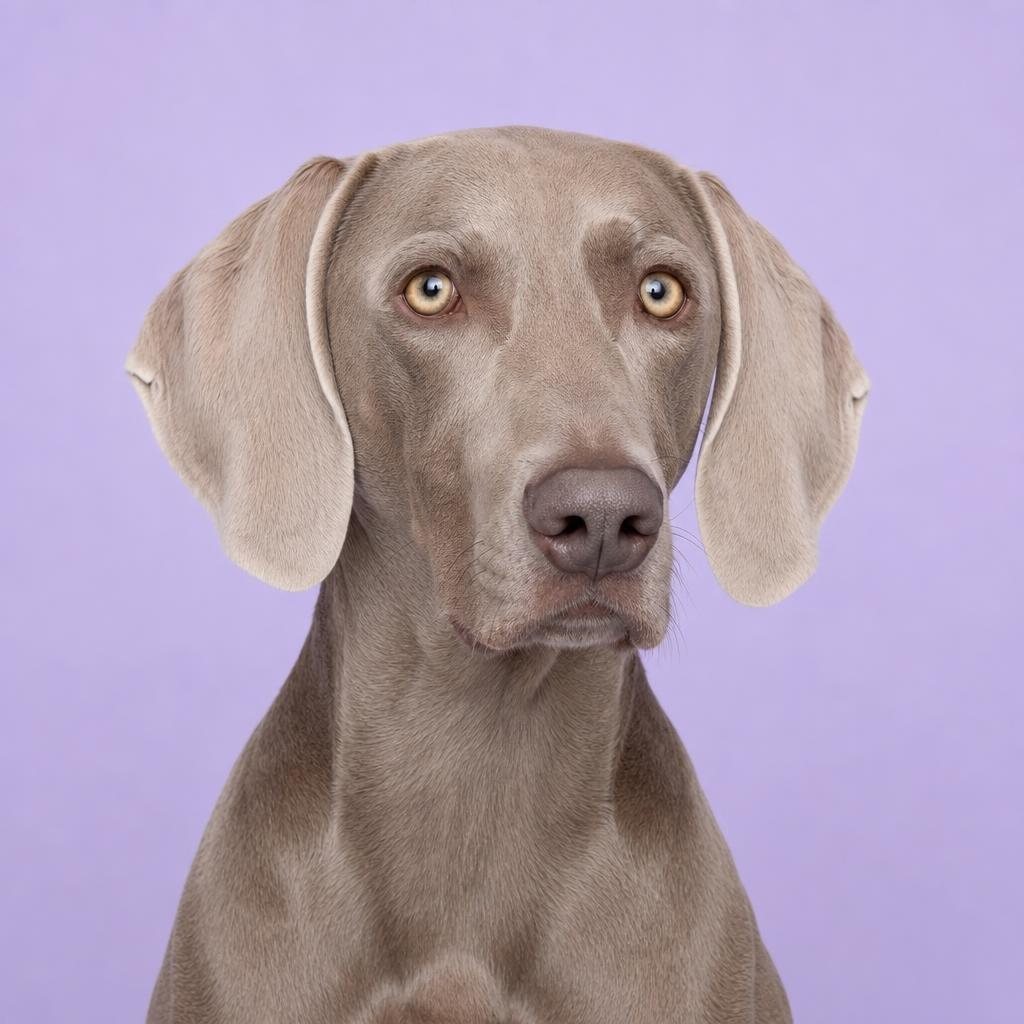 Weimaraner mit silbergrauem Kurzhaar und hellen Augen vor fliederfarbenem Hintergrund (mit AI erstelltes Bild)
